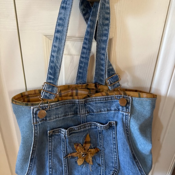 Handbags - Handmade upcycled denim tote bag with decorative embellishments.